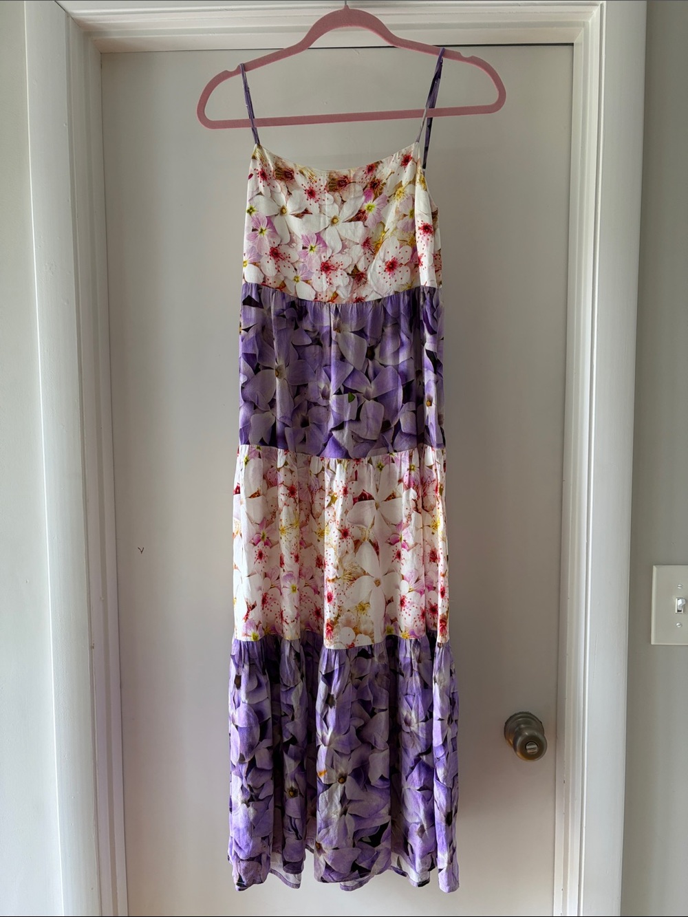 Floral Tiered Spaghetti Strap Maxi Dress - White & Purple